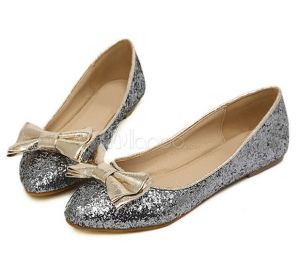 milanoo Charming Silver PU Leather Glitter Pointed Toe Bow Ballet Flats For Women.jpg
